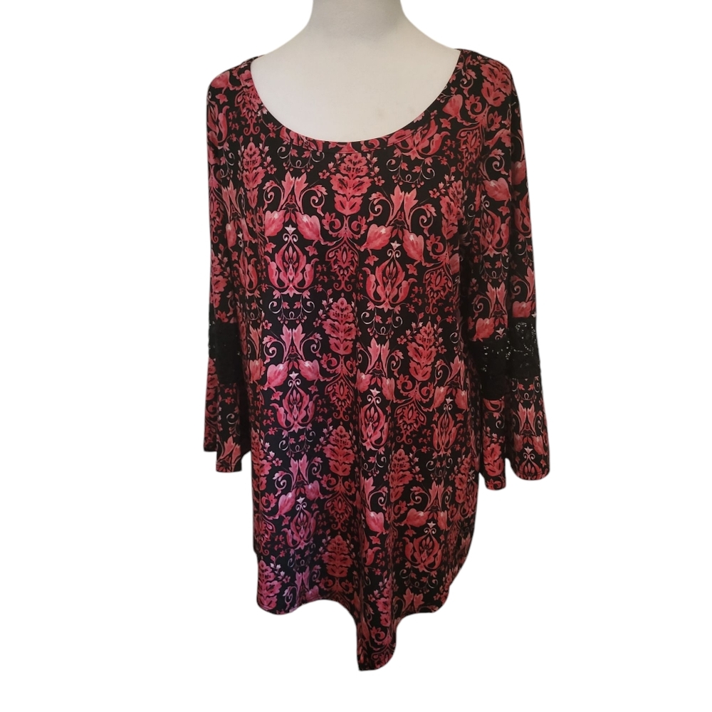 New Directions Floral Top Black/Red sz L